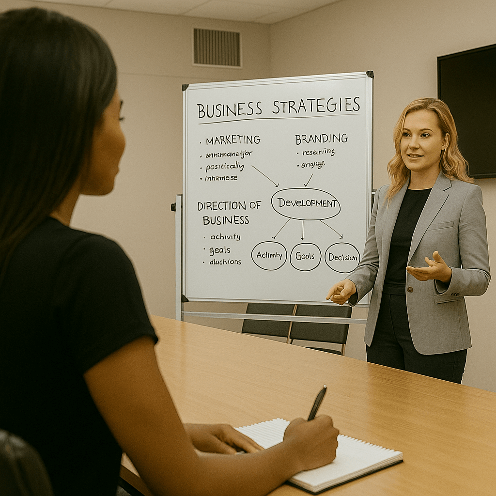 Woman sitting at a desk taking notes while her coach presents business strategies in a conference room.