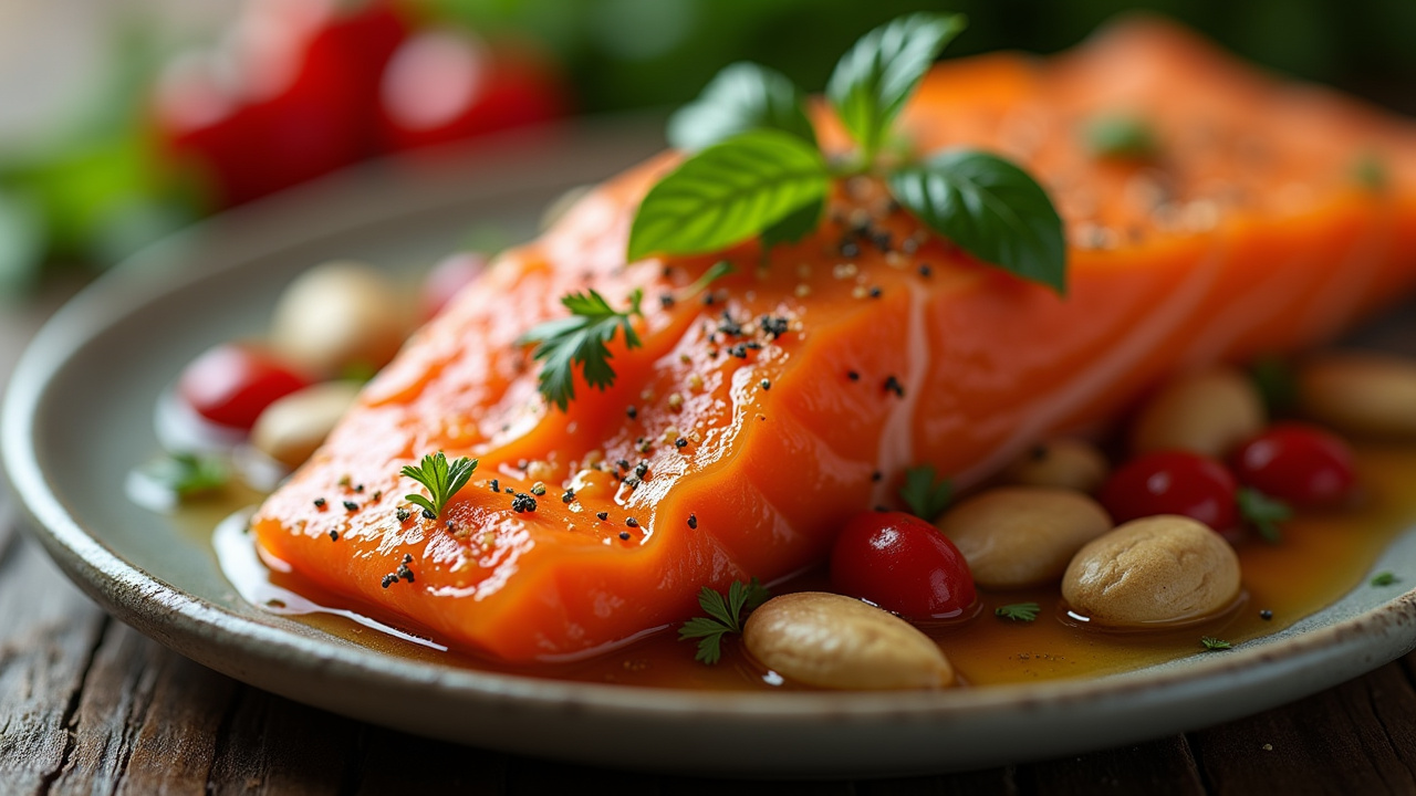A beautifully plated salmon fillet topped with herbs and spices surrounded by cherry tomatoes and almonds creating an appetizing and vibrant dish