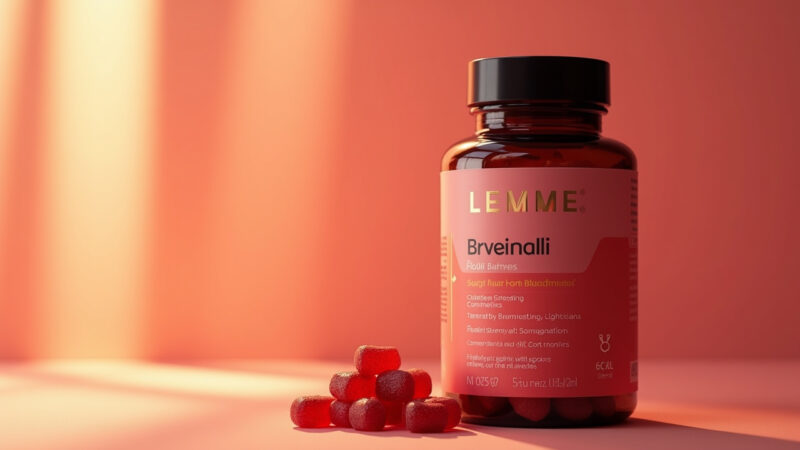 A bottle of gummy supplements is prominently displayed with some gummies scattered nearby against a softly colored background emphasizing health and nutrition