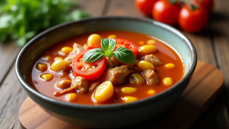 A bowl of vibrant soup filled with chunks of chicken yellow legumes and tomato slices garnished with fresh basil sits on a wooden surface
