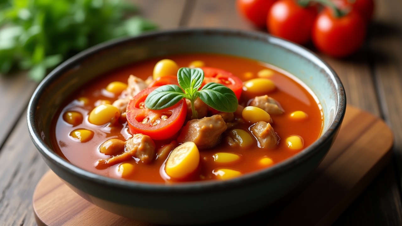 A bowl of vibrant soup filled with chunks of chicken yellow legumes and tomato slices garnished with fresh basil sits on a wooden surface
