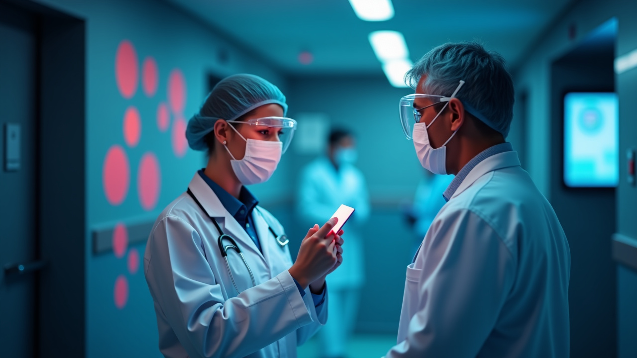 A female doctor in scrubs checks her phone while speaking to a male colleague in a hospital corridor both wear masks and protective gear focused on communication and urgency