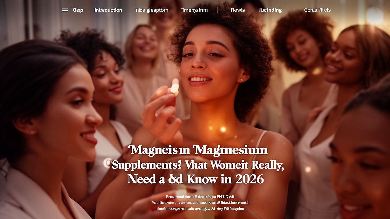 A group of women gathers excitedly as one woman holds a magnesium supplement smiling and engaging with the others in a supportive and celebratory moment