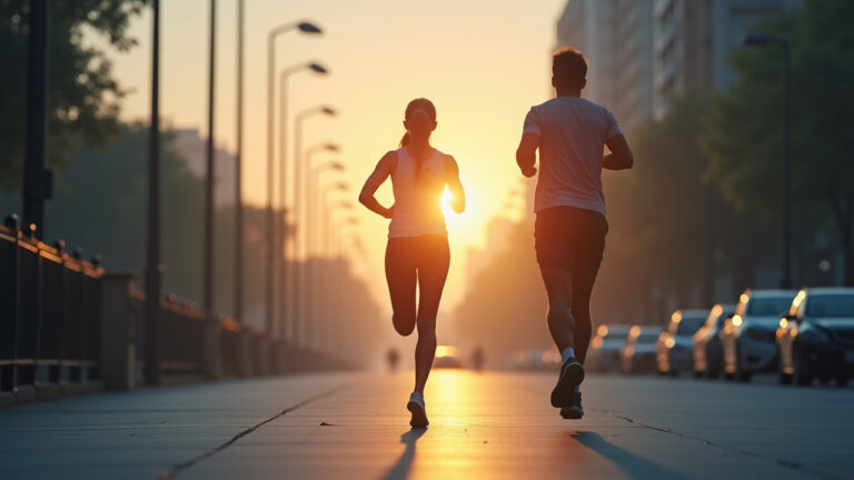 A man and a woman jog side by side along a city street bathed in warm sunset light creating an atmosphere of energy and freedom