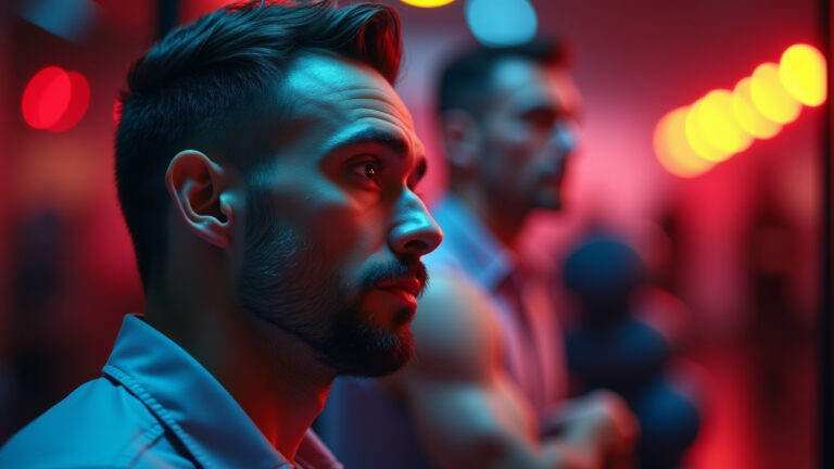 A man looks intently into a mirror illuminated by red and orange lights reflecting his focused expression while another figure stands blurred in the background