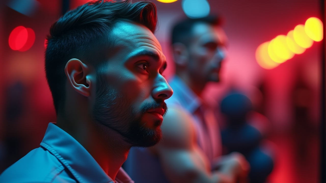 A man looks intently into a mirror illuminated by red and orange lights reflecting his focused expression while another figure stands blurred in the background