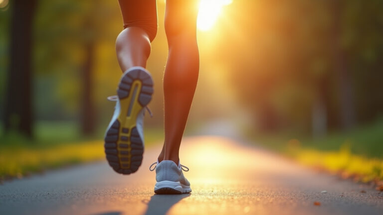 A person runs on a path surrounded by trees with warm sunlight shining down creating a sense of freedom and vitality on a serene morning