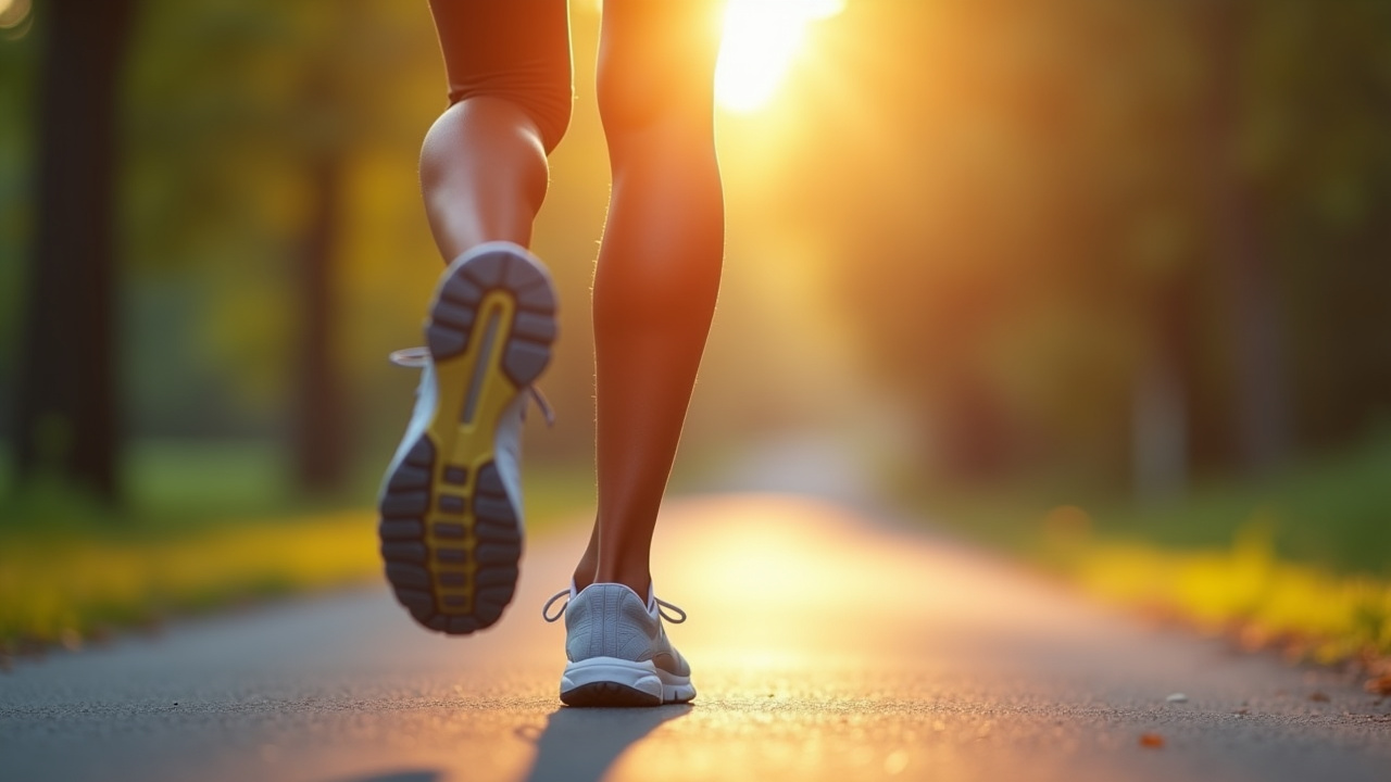 A person runs on a path surrounded by trees with warm sunlight shining down creating a sense of freedom and vitality on a serene morning