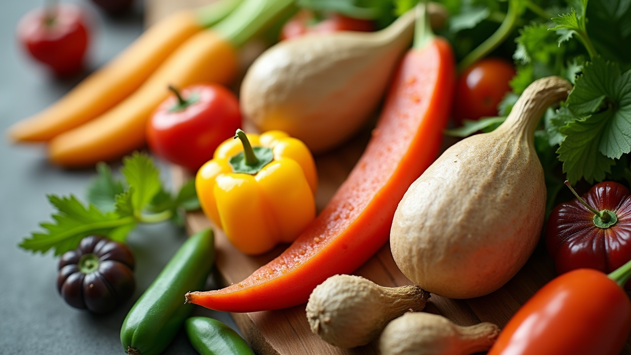A vibrant assortment of fresh vegetables including carrots bell peppers tomatoes and squash arranged artfully on a wooden surface ready for cooking or meal preparation