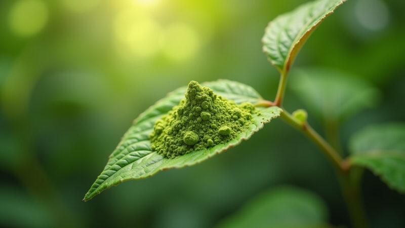 A vibrant green leaf supports a mound of finely ground green material against a soft focus natural backdrop suggesting growth and nature s bounty
