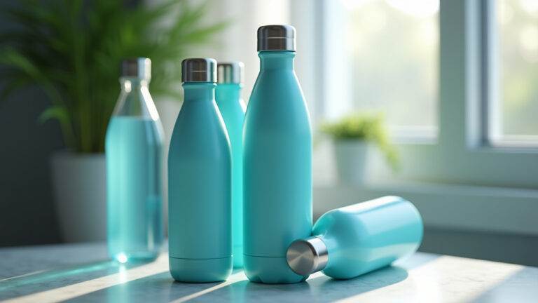 Several turquoise water bottles are arranged on a textured surface with natural light filtering in from a nearby window creating a calm ambiance