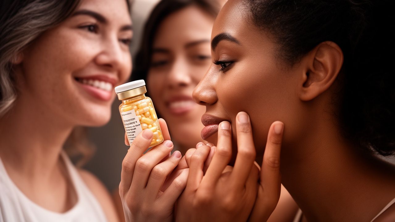 Three women are engaged in a conversation the focus is on a bottle of yellow pills one woman holds closely examining it with curiosity and excitement