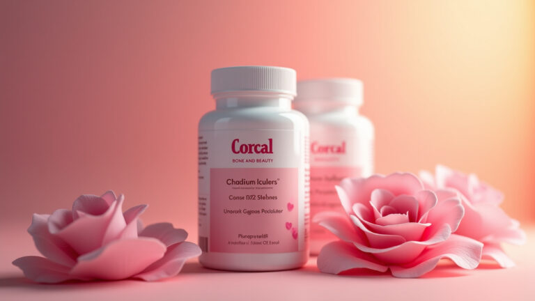 Two white bottles labeled corcal bone and beauty are positioned beside delicate pink roses on a soft gradient background suggesting a theme of health and beauty