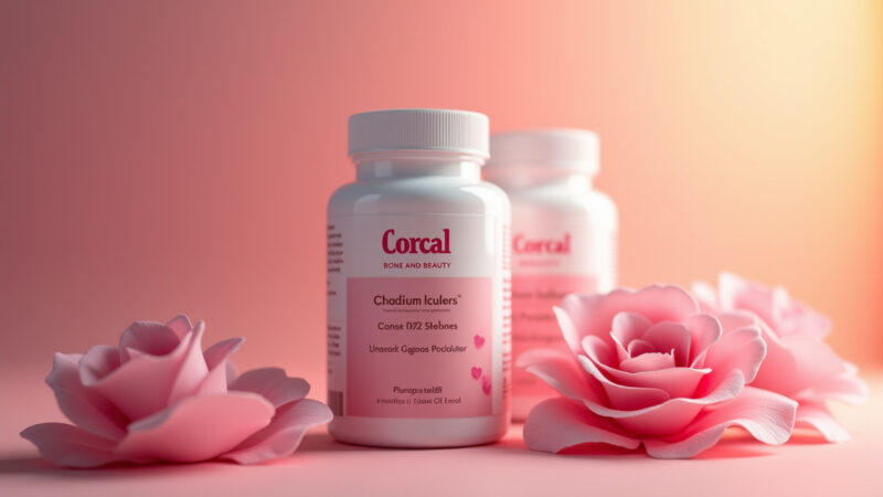 Two white bottles labeled corcal bone and beauty are positioned beside delicate pink roses on a soft gradient background suggesting a theme of health and beauty