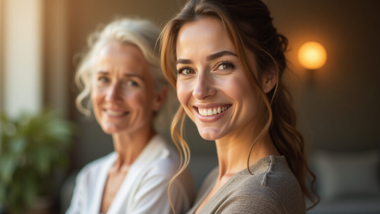 Two women smile at the camera in a well lit setting one woman has gray hair and the other has wavy brown hair they appear happy and relaxed together